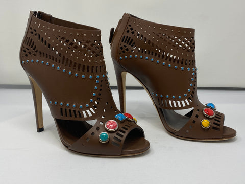 Gucci Brown Leather Peep Toe Heel with Colored Gems