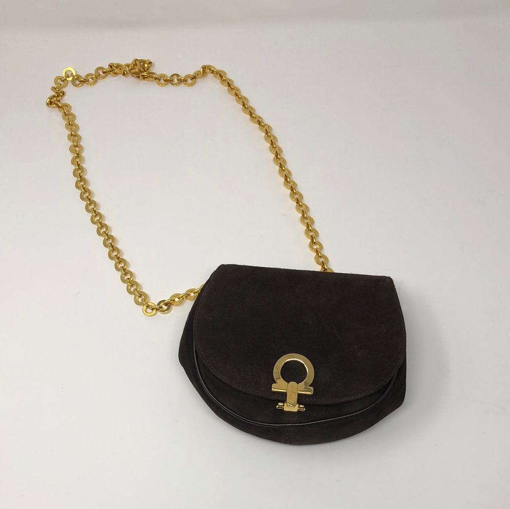 Vintage: Ferragamo Brown Suede Flap Mini Bag with Gold Hardware