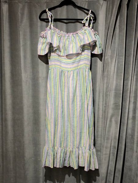 Gul Hurgel Pastel Multicolored Striped Linen Ruffle Bottom dress