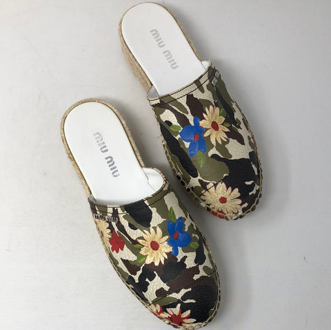 Miu Miu Floral leather backless platform Espadrille