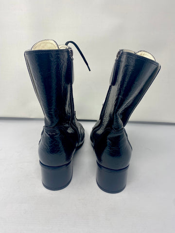 Chanel Black Patent Goatskin Cap Toe Lace Up Side Zip CC Boots