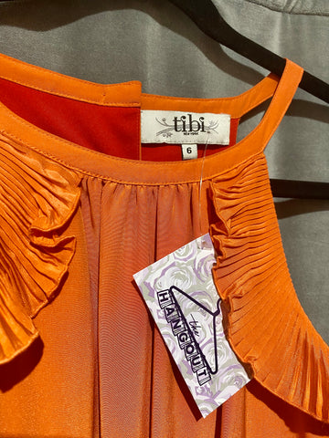 Tibi Orange Silk Halter Neck Ruffle Pleated Dress