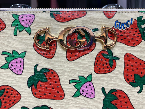 Gucci Strawberry Print top Zip Clutch with Gold and Silver G