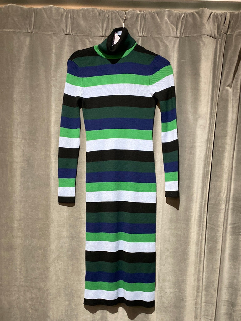 STAUD Ribbed Horizontal Striped Turtleneck Sweater Dress Green, Blue and Black Midi Dress