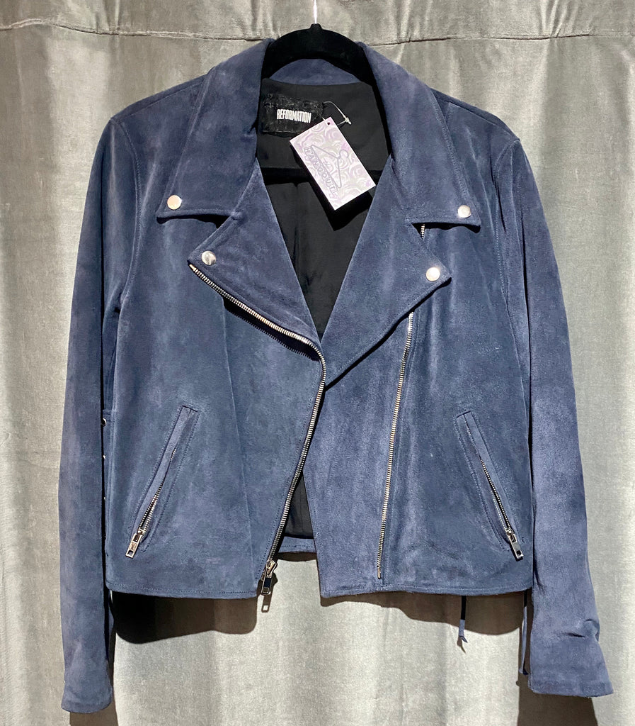 REFORMATION: Blue Suede Moto Jacket with Silver Hardware