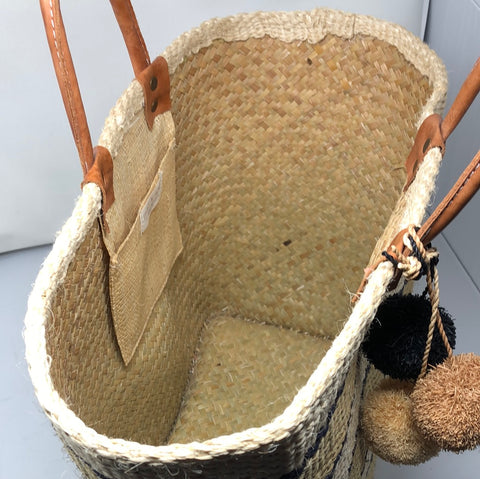 MAR Y SOL Handmade Beach bag with Black Beige and Tan Pom Pom