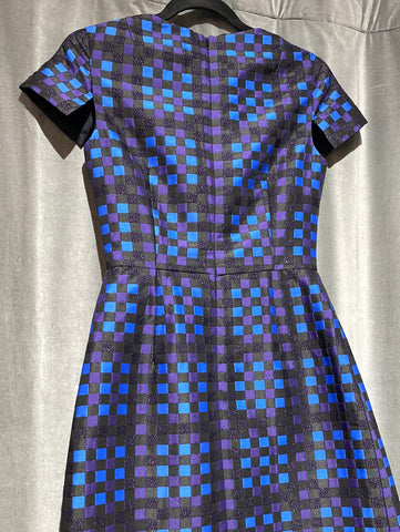 Shoshanna Short Sleeve Dress with Blue and Purple Square Design