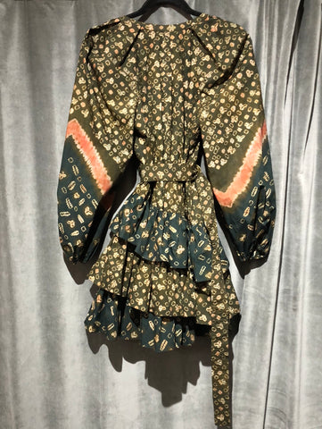 Ulla Johnson Green Mixed Print Puff Shoulder Mini Dress