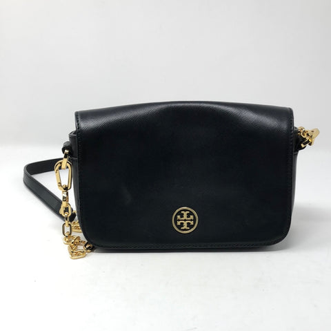 Tory Burch Black Leather Small Flap Bag with Back Pocket and Gold Hardware