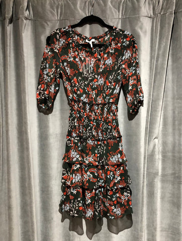 Maje Long Sleeve Floral Wide Neck Dress with elastic drop waist