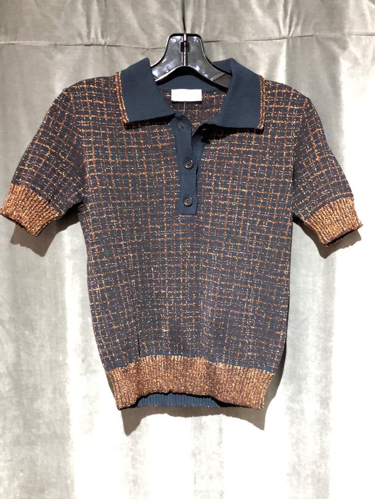 Red Valentino Navy and Bronze Collared Knit Short Sleeve Sweater