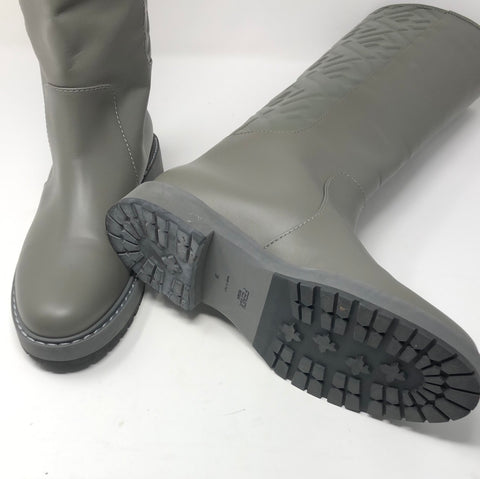 Fendi Grey leather Logo Embossed Mid-Calf Riding Boots