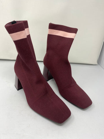 Zara Trafaluc Burgundy Block Heel Sock Boot with Pink Stripe
