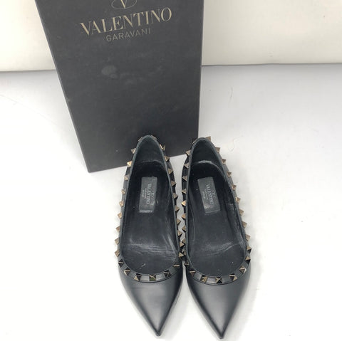 Valentino Black Pointed Toe with Black Rockstud Flat Shoe