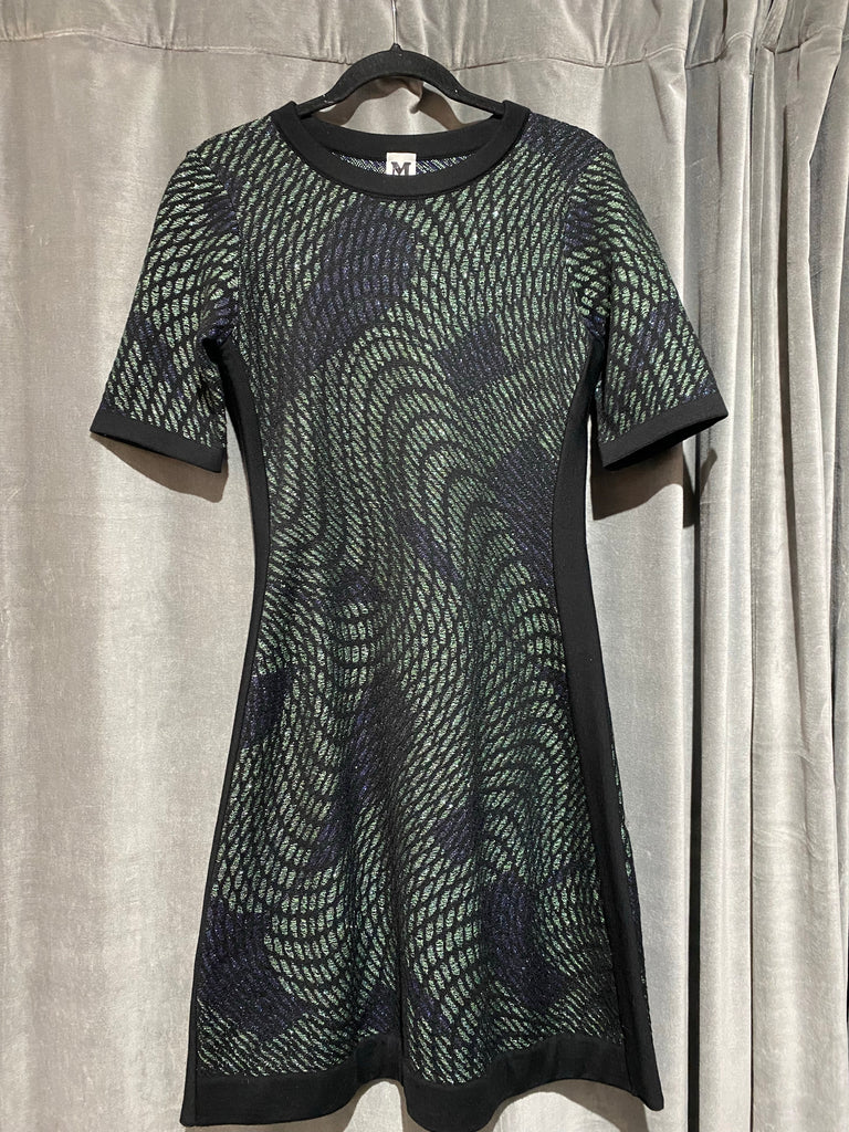 Missoni Short Sleeve Black and Shiny Green A Line Crew Neck Dress