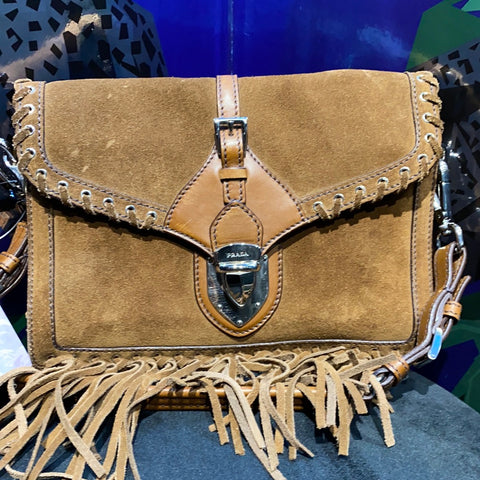 Prada Dark Tan Suede Fringed Bottom Handbag