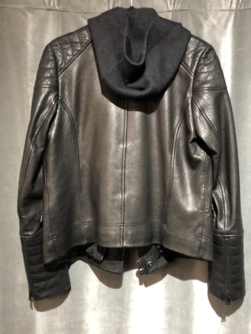 VINCE Black Leather Moto Hooded Jacket with Grey Zipout Sweater