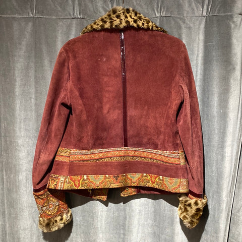Vintage: Etro Burgundy Suede and Paisley Leopard Trim Jacket