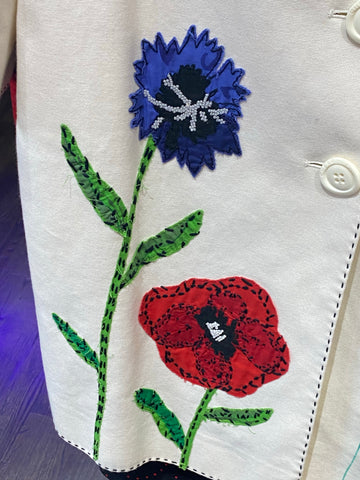 Vintage:  Moschino White Button Down Coat with Flower Design with Exposed Stitching
