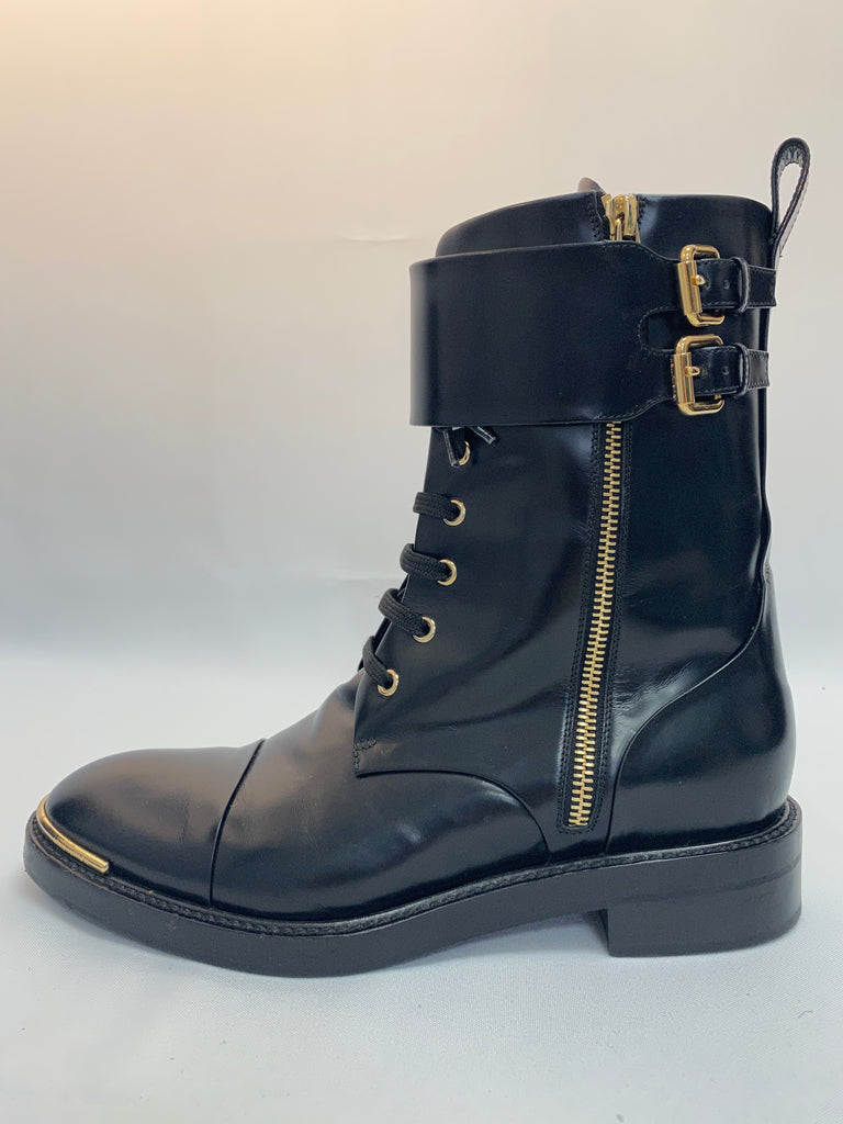 Louis Vuitton Black Leather Boots with Metal Buckle Closure