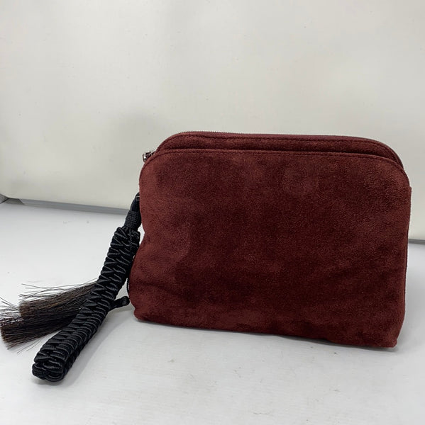 The Row Burgundy Suede Top Zip Pouch with Knit Black Handle and Fringe