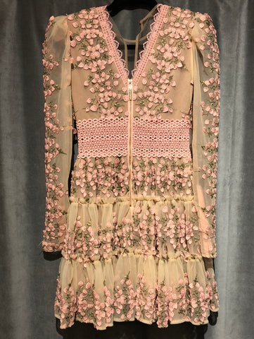 BRONX & BANCO Long Sleeve Pink and Sheer Layered Dress