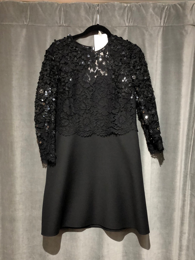 Valentino Black Wool and Lace Long Sleeve Dress