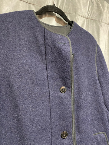 Dries Van Noten Navy Collarless Wool  Front Hidden Zip Pocket Button Coat