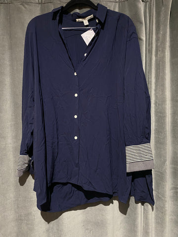 Acne Studios Navy Button Down Collared Top with Stretch and Striped Cuffs