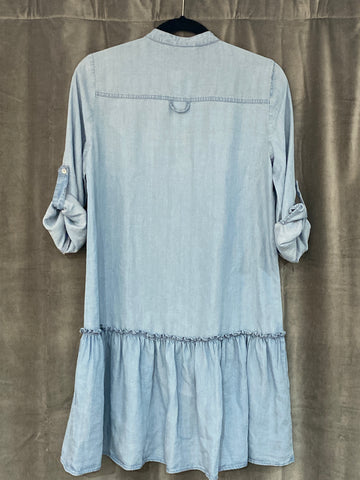 Zara Light Wash Short Denim Collarless Shirt Dress with Bottom Ruffle