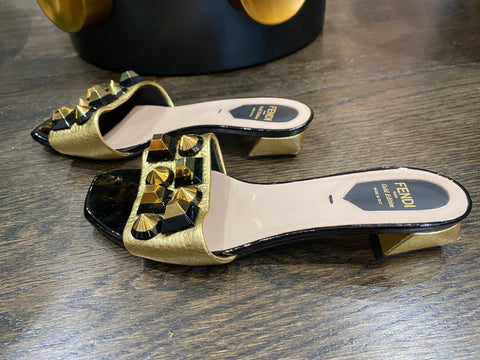 Fendi Patent Slide Sandal with Gold Studs