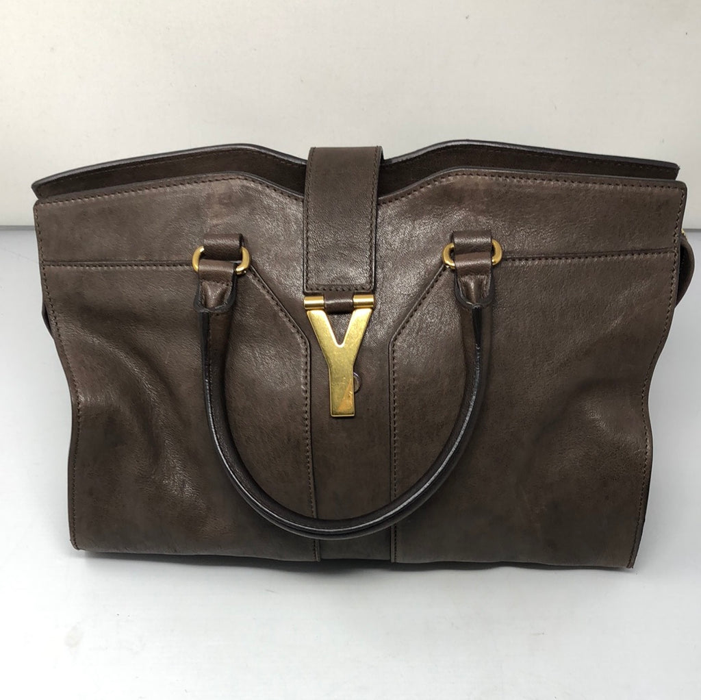 YSL Brown Calf Leather Cabas Classic Y Top Handle Bag