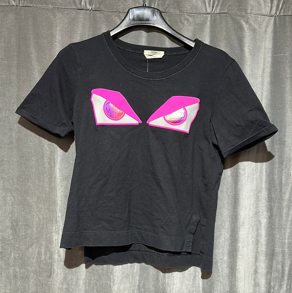 Fendi Black Crew Neck T with Neon Pink Eyes