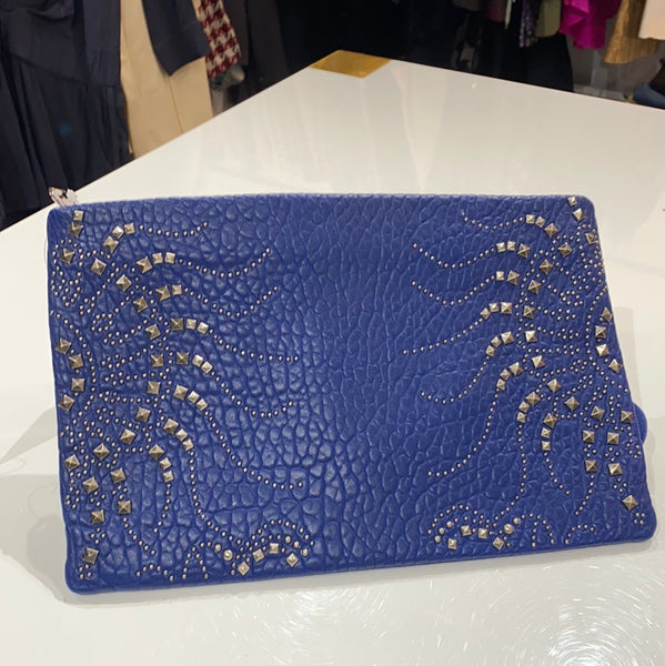 Roberto Cavalli Navy Textured Leather Silver Studded Large Clutch