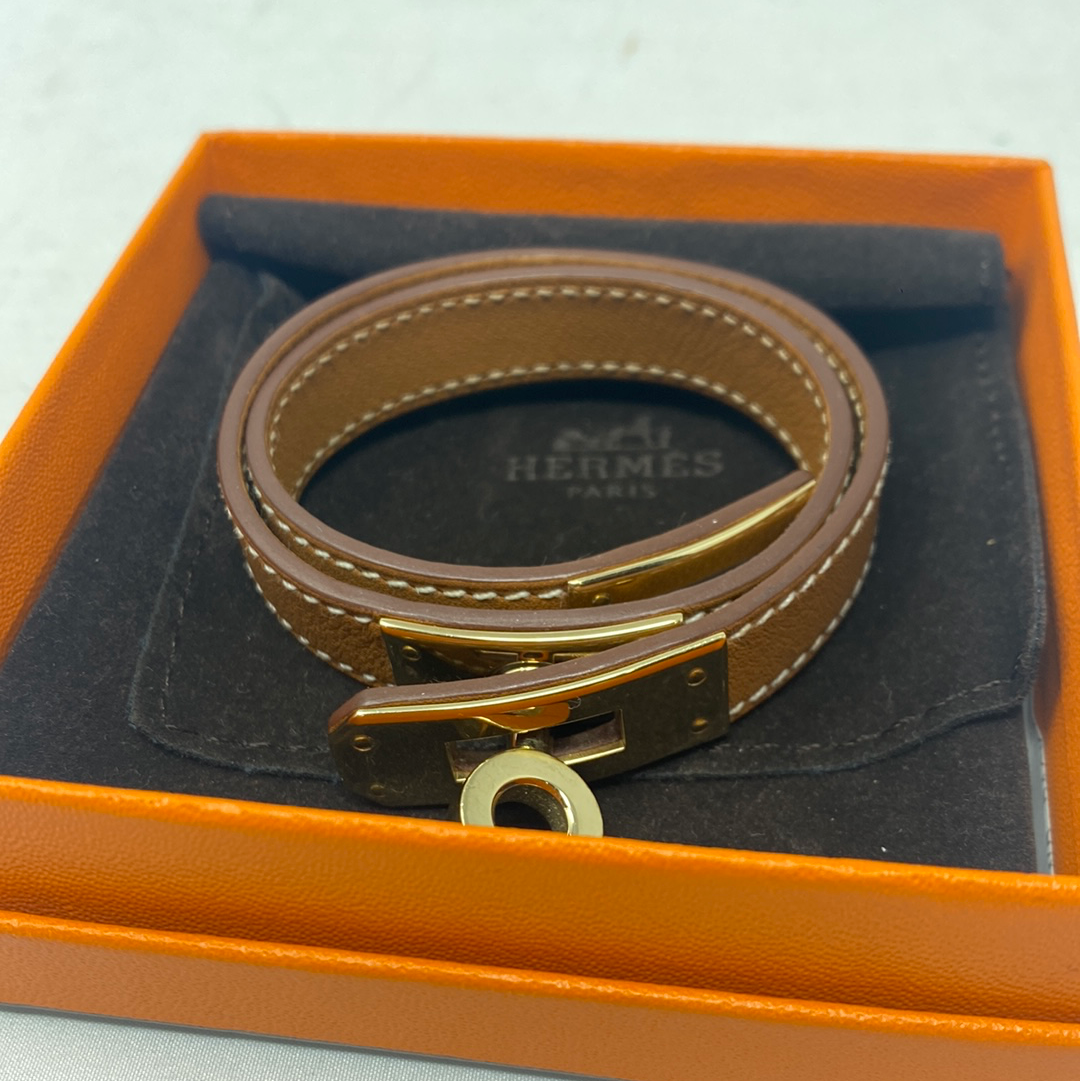 Hermes Kelly bracelet double tour brown silver metal fittings leather HERMES