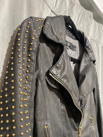 Drome Black Lambskin Leather Jacket with Gold Studded Shoulder and Side Zipper