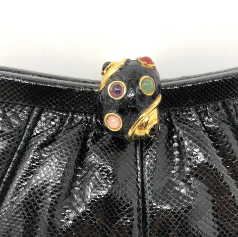 Vintage: Judith Leiber Snakeskin Black and Green Shoulder Bag with Snail Gem Clasp
