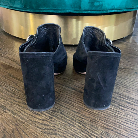 Prada Suede Black Open Toed Mules with Silver Flower on Front
