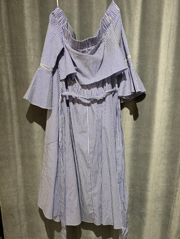 GRACIA Blue and White Striped Off the Shoulder Short Bell Sleeve Dress