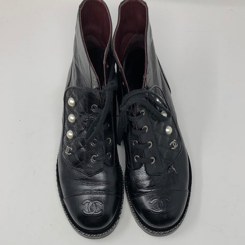 Chanel Black Crackled Calfskin Velvet Pearl Combat Short Boots
