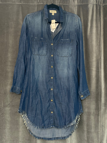 Cloth & Stone Denim Collared Long Sleeve Dress with Unfinished Edges