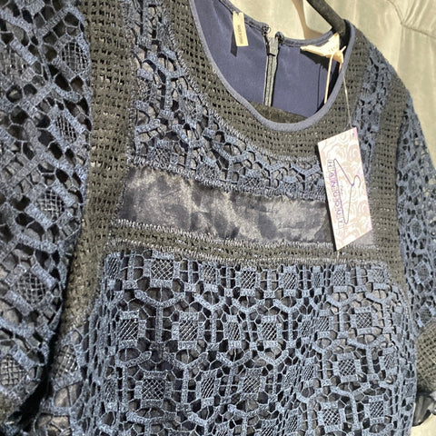 Rebecca Taylor Navy and Black Short Sleeve Lace Multi Fabric Top