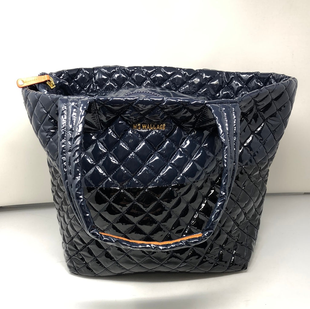MZ WALLACE Navy and Black Patent Leather Quilted Top Handle Zip Tote