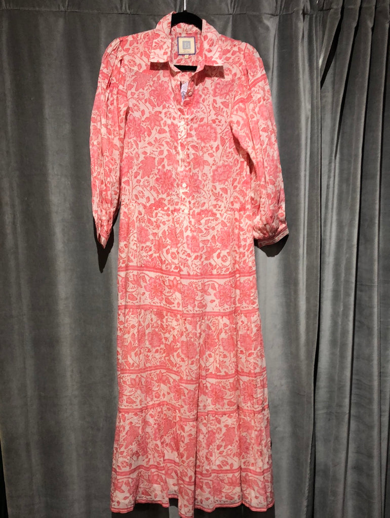 Bell White and Pink Floral Long Sleeve Maxi Dress Half Button Dress