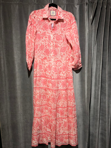 Bell White and Pink Floral Long Sleeve Maxi Dress Half Button Dress