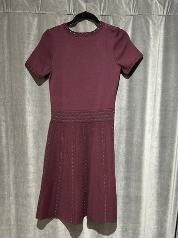 Sandro Burgundy Stretch Knit Short Sleeve Studded A Line Dress