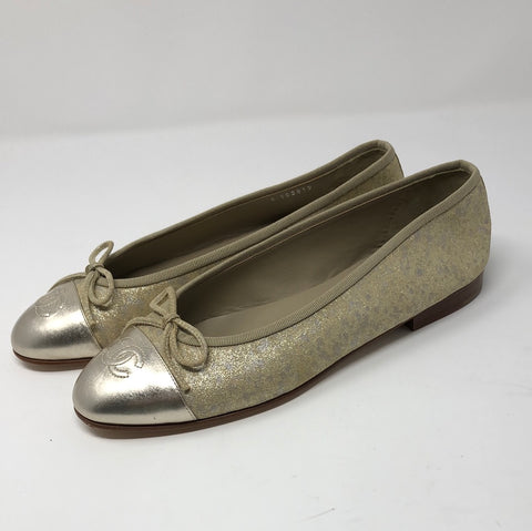 Chanel Gold Distressed Leather Ballenrina Flat with CC toe Detail and Bow