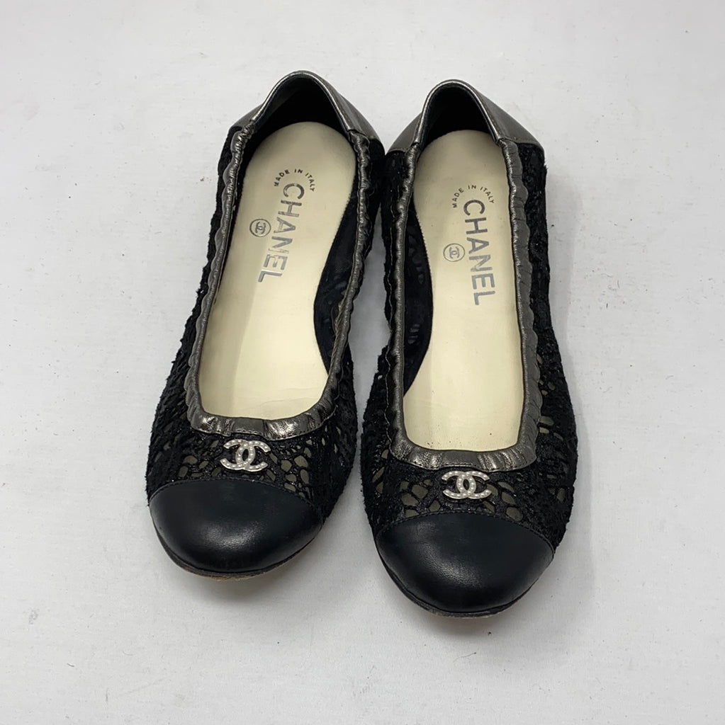Chanel Black Lace Mesh and Leather Cap Toe Elastic Ballet Flat