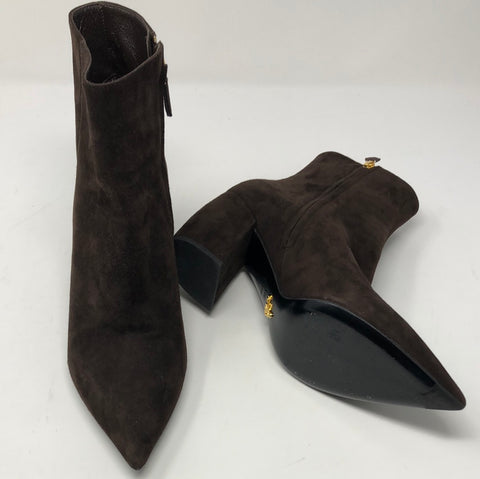 Prada Dark Brown Suede Pointed Toe Block Heel Booties