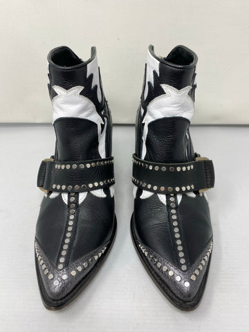 Zadig & Voltaire Black and White Leather Studded BackZip Cowboy Boot